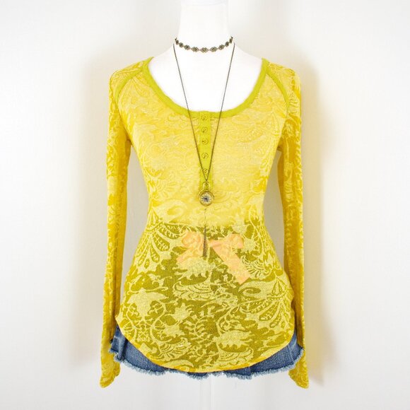 Free People Tops - Intimately Free People Bitter Yellow Sheer Damask Burnout Long Sleeve Henley Top